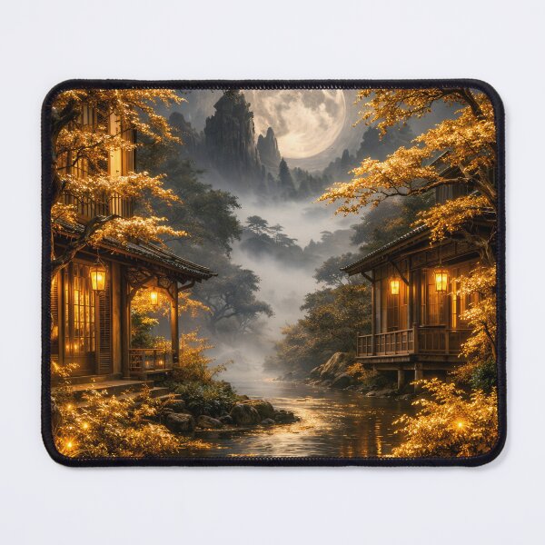 Item preview, Golden Moonlit Asian Village – Enchanted Mountain River Fantasy Art Print designed and sold by Kaleidoscope Print.