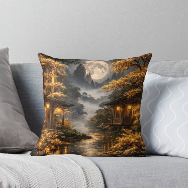 Item preview, Golden Moonlit Asian Village – Enchanted Mountain River Fantasy Art Print designed and sold by Kaleidoscope Print.