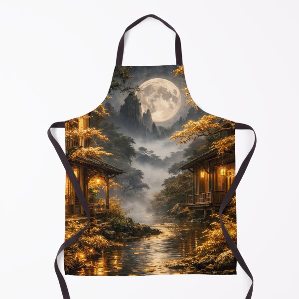 Item preview, Golden Moonlit Asian Village – Enchanted Mountain River Fantasy Art Print designed and sold by Kaleidoscope Print.