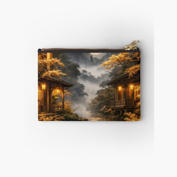 Item preview, Golden Moonlit Asian Village – Enchanted Mountain River Fantasy Art Print designed and sold by Kaleidoscope Print.
