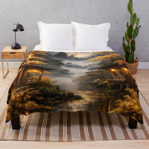 Item preview, Golden Moonlit Asian Village – Enchanted Mountain River Fantasy Art Print designed and sold by Kaleidoscope Print.