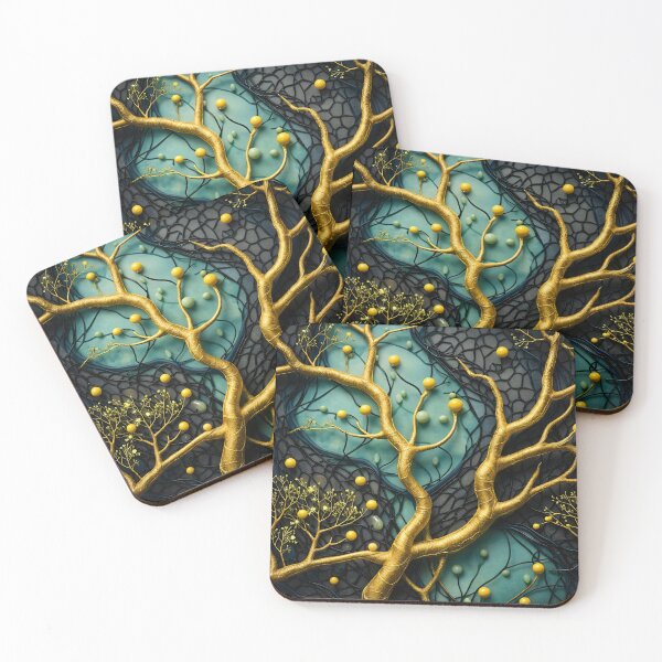 Item preview, Golden Tree Branches on Teal and Black – Luxury Botanical Abstract Art Print designed and sold by Kaleidoscope Print.