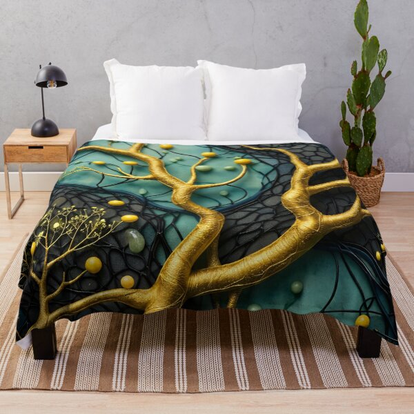 Item preview, Golden Tree Branches on Teal and Black – Luxury Botanical Abstract Art Print designed and sold by Kaleidoscope Print.