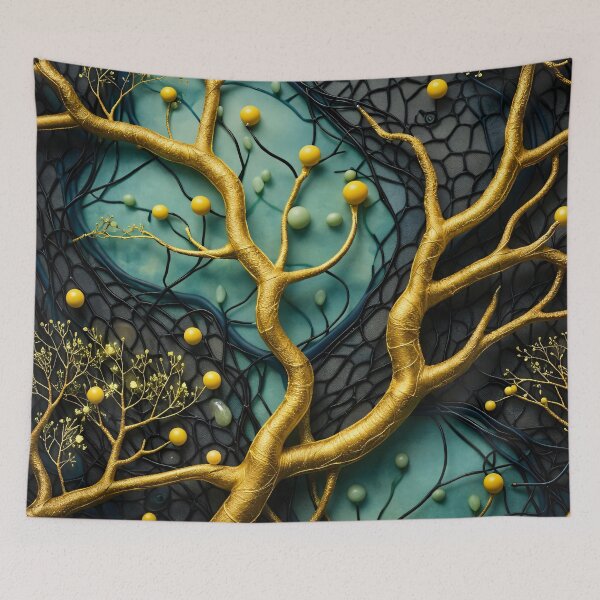 Item preview, Golden Tree Branches on Teal and Black – Luxury Botanical Abstract Art Print designed and sold by Kaleidoscope Print.