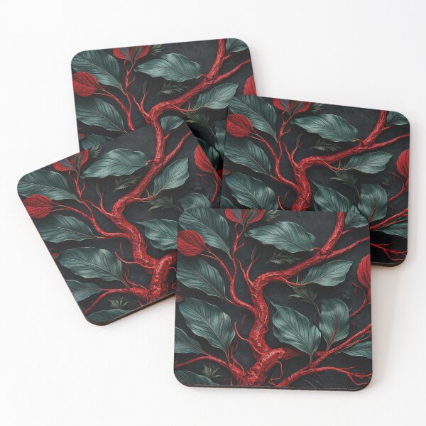 Item preview, Red Branches and Dark Green Leaves – Dramatic Botanical Abstract Art Print designed and sold by Kaleidoscope Print.