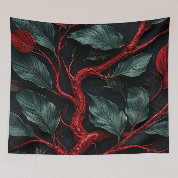 Item preview, Red Branches and Dark Green Leaves – Dramatic Botanical Abstract Art Print designed and sold by Kaleidoscope Print.
