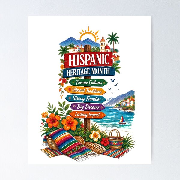 Item preview, Hispanic Heritage Month Coastal Celebration – Vibrant Cultural Signpost & Tropical Beach Art designed and sold by CKADigital.