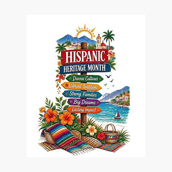 Item preview, Hispanic Heritage Month Coastal Celebration – Vibrant Cultural Signpost & Tropical Beach Art designed and sold by CKADigital.
