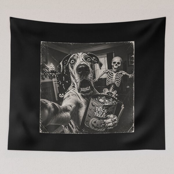 Item preview, Trick Or Treat Halloween Great Dane Scary Skeleton Selfie designed and sold by RenettaFunky.