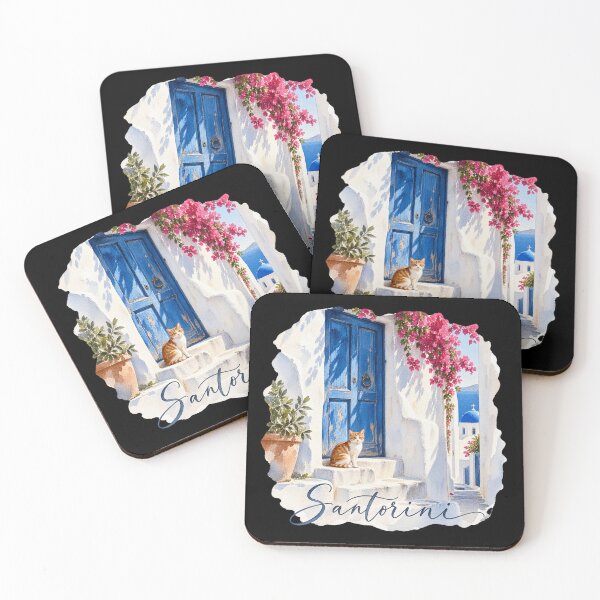 Item preview, Santorini Blue Door Watercolor | Greek Cat Illustration designed and sold by Ela-graphicwiz.