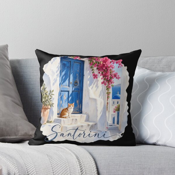 Item preview, Santorini Blue Door Watercolor | Greek Cat Illustration designed and sold by Ela-graphicwiz.