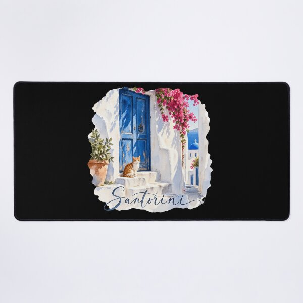Item preview, Santorini Blue Door Watercolor | Greek Cat Illustration designed and sold by Ela-graphicwiz.