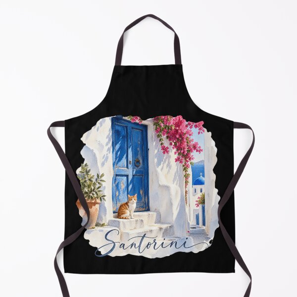 Item preview, Santorini Blue Door Watercolor | Greek Cat Illustration designed and sold by Ela-graphicwiz.
