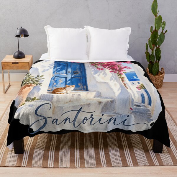 Item preview, Santorini Blue Door Watercolor | Greek Cat Illustration designed and sold by Ela-graphicwiz.