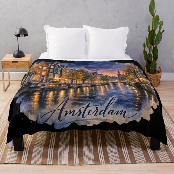 Item preview, Amsterdam Canal Watercolor | Evening Houseboats Illustration designed and sold by Ela-graphicwiz.