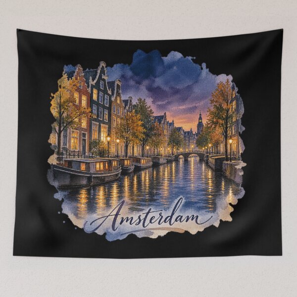 Item preview, Amsterdam Canal Watercolor | Evening Houseboats Illustration designed and sold by Ela-graphicwiz.