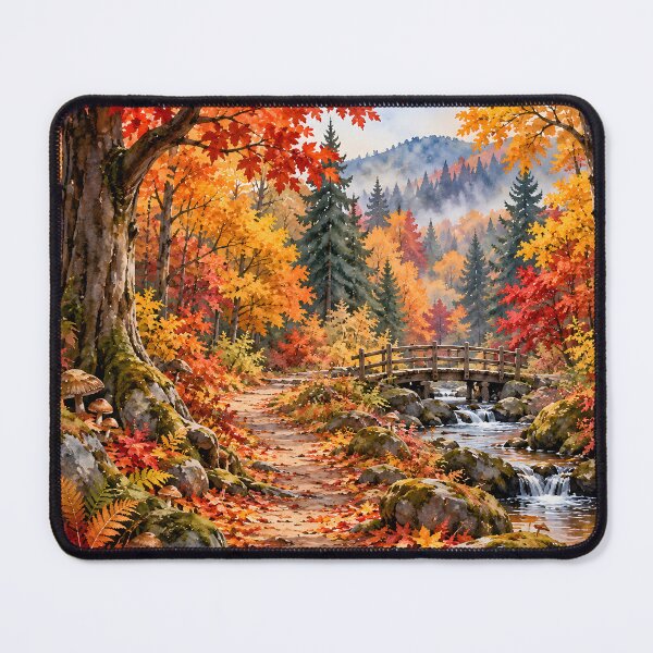Item preview, Autumn Forest Path with Wooden Bridge and Mountain Stream designed and sold by blankTeeShirt.