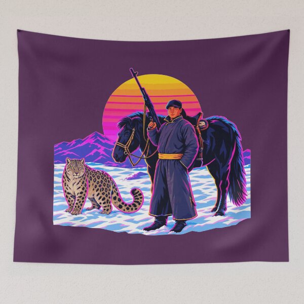 Item preview, Mongolian Warrior, Horse & Snow Leopard Synthwave Portrait designed and sold by KungPowUnicorn.