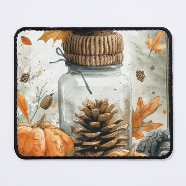 Item preview, Cozy Autumn Watercolor Still Life — Pumpkins Glass Jar Pinecones and Knit Blanket designed and sold by LYAN-STORE.