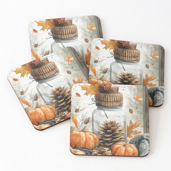 Item preview, Cozy Autumn Watercolor Still Life — Pumpkins Glass Jar Pinecones and Knit Blanket designed and sold by LYAN-STORE.
