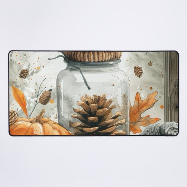 Item preview, Cozy Autumn Watercolor Still Life — Pumpkins Glass Jar Pinecones and Knit Blanket designed and sold by LYAN-STORE.