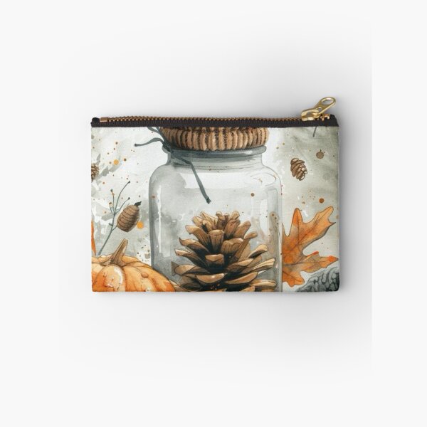 Item preview, Cozy Autumn Watercolor Still Life — Pumpkins Glass Jar Pinecones and Knit Blanket designed and sold by LYAN-STORE.