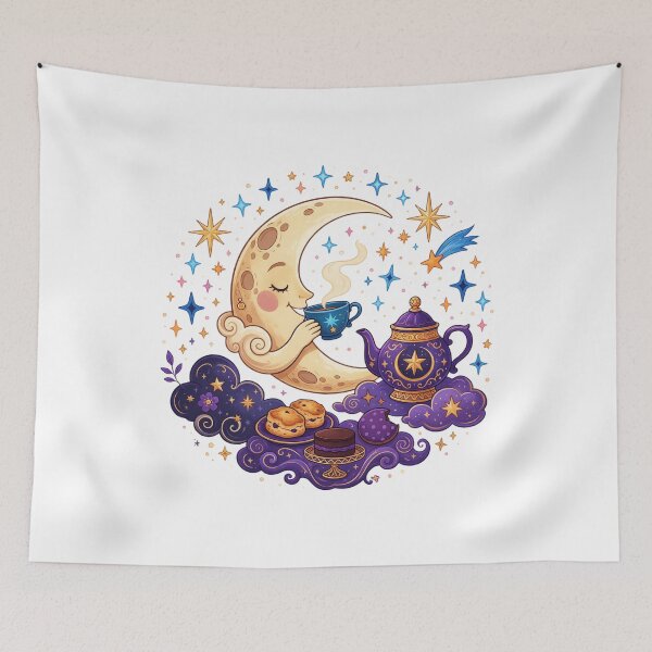 Item preview, Moon drinking tea surrounded by stars. designed and sold by DVerse Studio.