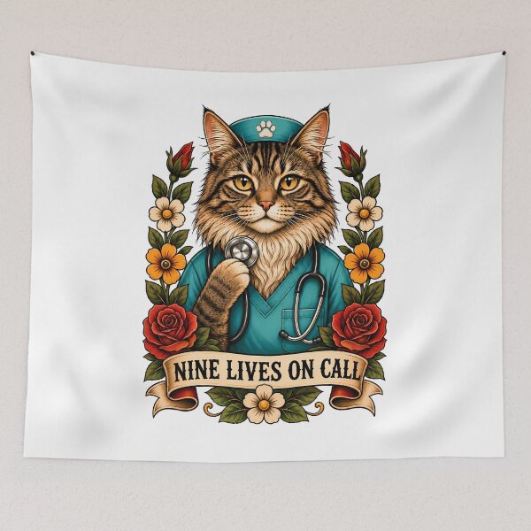 Aperçu de l'œuvre Nine Lives On Call Doctor Cat Art créée et vendue par Old's Cool Cat Studio.