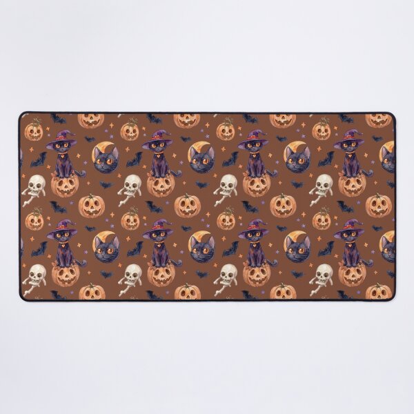 Item preview, Moody Watercolor Halloween Pattern Black Cats Pumpkins Brown Background designed and sold by PawtopiaArt.