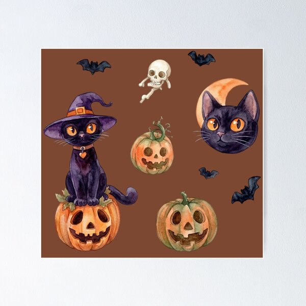 Item preview, Moody Watercolor Halloween Pattern Black Cats Pumpkins Brown Background designed and sold by PawtopiaArt.