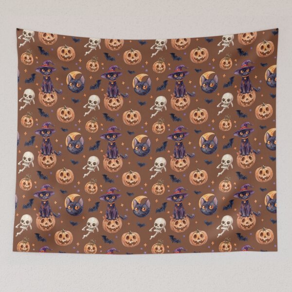 Item preview, Moody Watercolor Halloween Pattern Black Cats Pumpkins Brown Background designed and sold by PawtopiaArt.