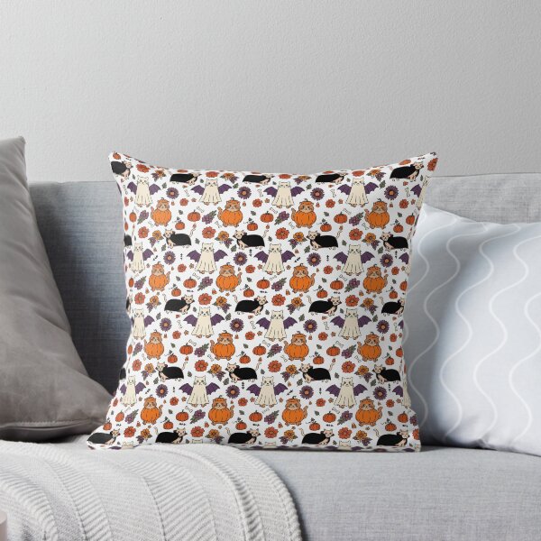 Item preview, Cute Halloween Cats in Costumes with Pumpkins & Flowers White designed and sold by WildLakePatterns.
