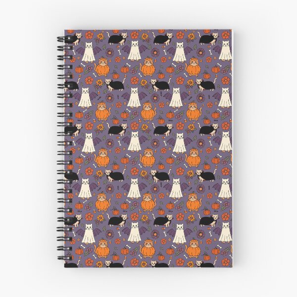 Item preview, Cute Halloween Cats in Costumes with Pumpkins & Flowers Purple designed and sold by WildLakePatterns.