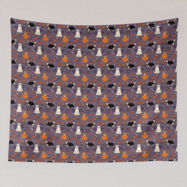 Item preview, Cute Halloween Cats in Costumes with Pumpkins & Flowers Purple designed and sold by WildLakePatterns.