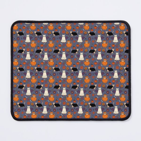 Item preview, Cute Halloween Cats in Costumes with Pumpkins & Flowers Blue designed and sold by WildLakePatterns.