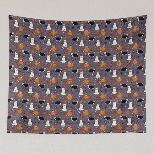 Item preview, Cute Halloween Cats in Costumes with Pumpkins & Flowers Blue designed and sold by WildLakePatterns.