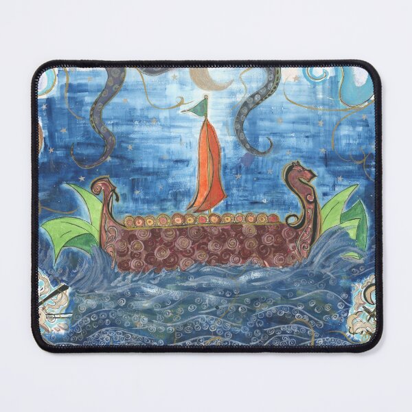 Item preview, Across the Silvery Sea – Viking Ship & Kraken Watercolor Ink Painting designed and sold by FaireWaveArt.