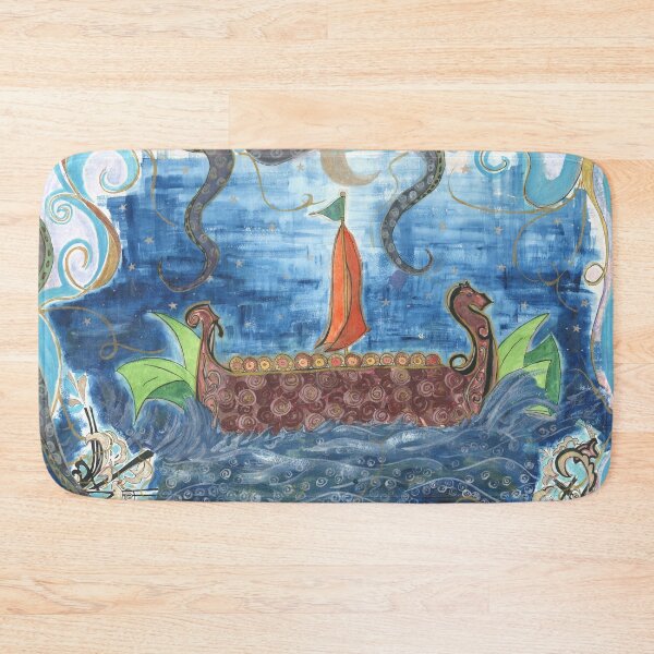 Item preview, Across the Silvery Sea – Viking Ship & Kraken Watercolor Ink Painting designed and sold by FaireWaveArt.