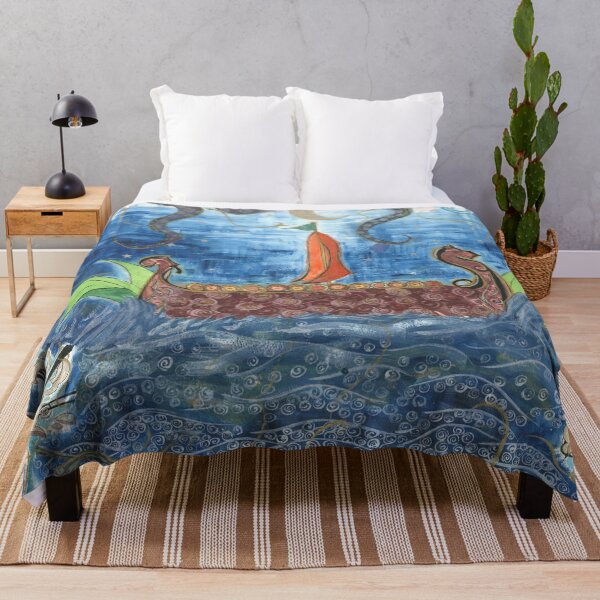 Item preview, Across the Silvery Sea – Viking Ship & Kraken Watercolor Ink Painting designed and sold by FaireWaveArt.