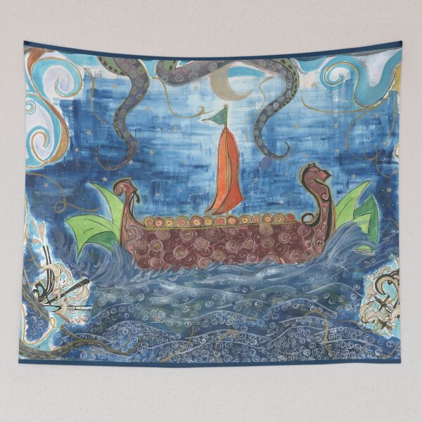 Item preview, Across the Silvery Sea – Viking Ship & Kraken Watercolor Ink Painting designed and sold by FaireWaveArt.