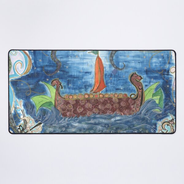 Item preview, Across the Silvery Sea – Viking Ship & Kraken Watercolor Ink Painting designed and sold by FaireWaveArt.
