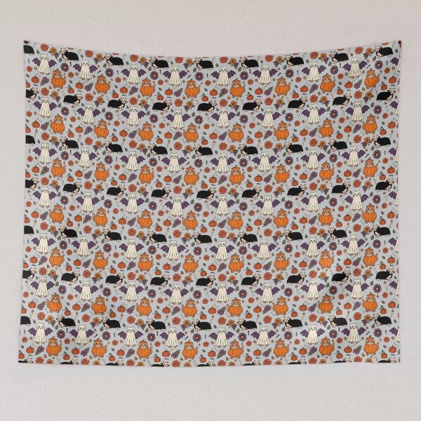 Item preview, Cute Halloween Cats in Costumes with Pumpkins & Flowers Grey designed and sold by WildLakePatterns.