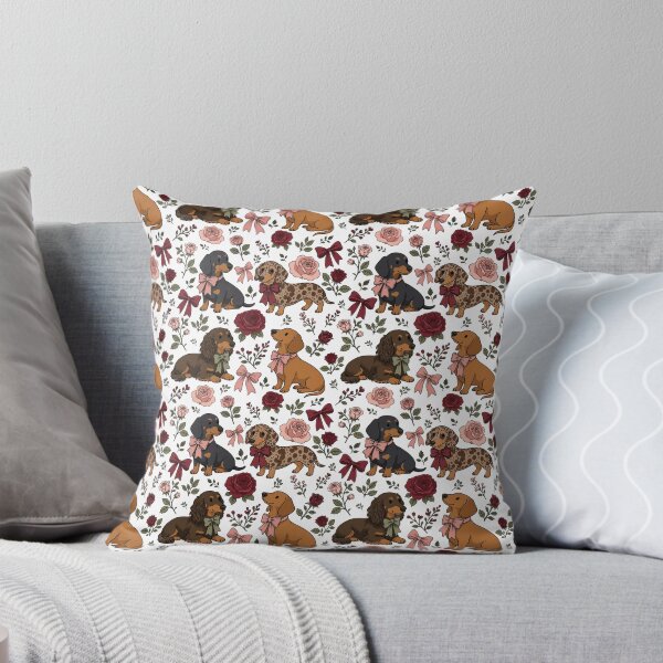 Item preview, Maximalist Cute Dachshunds with Roses & Bows White designed and sold by WildLakePatterns.