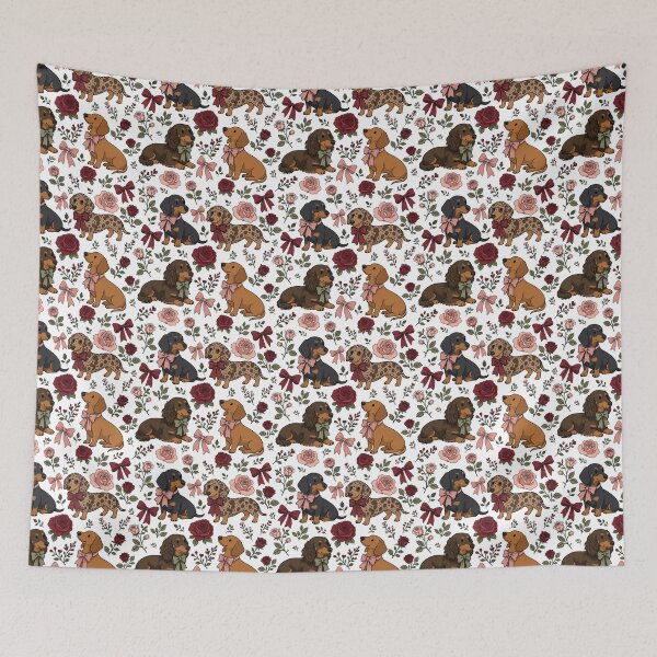 Item preview, Maximalist Cute Dachshunds with Roses & Bows White designed and sold by WildLakePatterns.