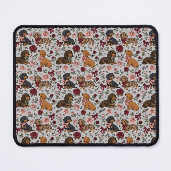 Item preview, Maximalist Cute Dachshunds with Roses & Bows Grey designed and sold by WildLakePatterns.