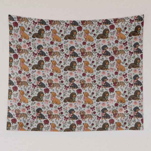 Item preview, Maximalist Cute Dachshunds with Roses & Bows Grey designed and sold by WildLakePatterns.