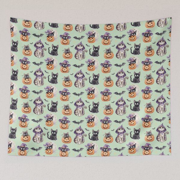 Item preview, Mint Watercolor Halloween Pattern Cute Witch Cats Pumpkins Sage Background designed and sold by PawtopiaArt.