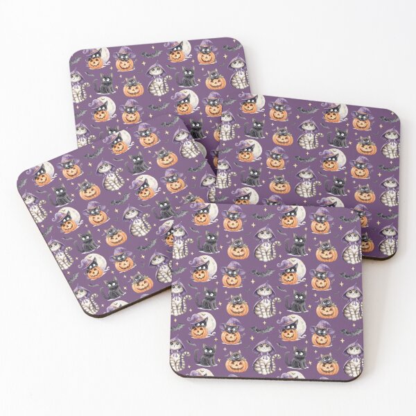 Item preview, Magic Purple Watercolor Halloween Pattern Cute Witch Cats Pumpkins designed and sold by PawtopiaArt.