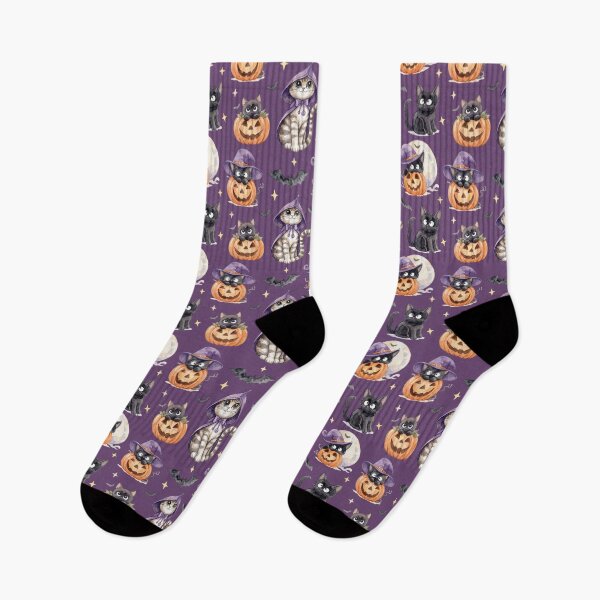 Item preview, Magic Purple Watercolor Halloween Pattern Cute Witch Cats Pumpkins designed and sold by PawtopiaArt.