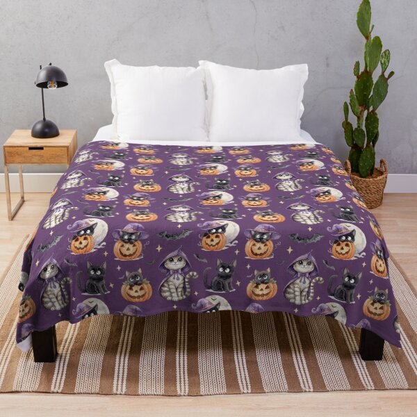 Item preview, Magic Purple Watercolor Halloween Pattern Cute Witch Cats Pumpkins designed and sold by PawtopiaArt.